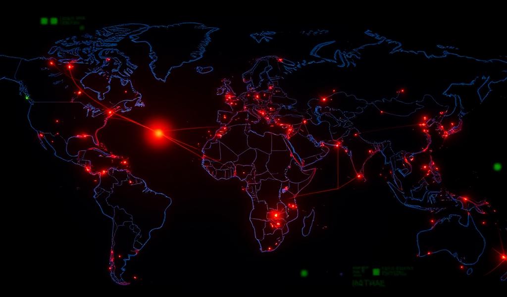 全球网络攻击实时态势地图，红色闪点标注攻击源